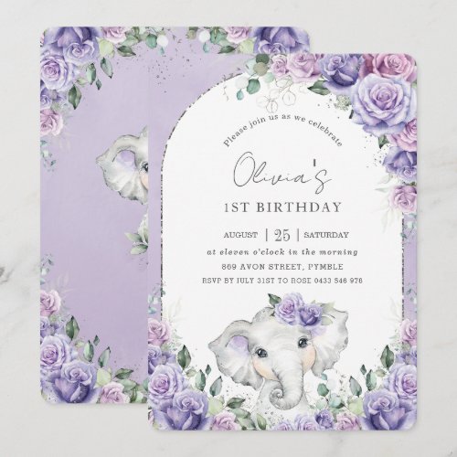 Sweet Purple Lilac Floral Elephant Birthday Party  Invitation