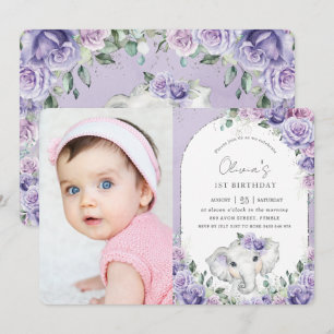 Sweet Purple Lilac Floral Elephant Birthday Photo Invitation