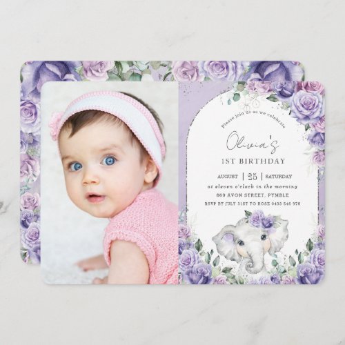 Sweet Purple Lilac Floral Elephant Birthday Photo Invitation