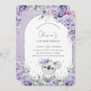 Sweet Purple Lilac Floral Koala Birthday Party Invitation
