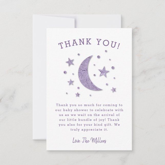 Sweet Purple Moon Stars Baby Shower Thank You Card (Front)