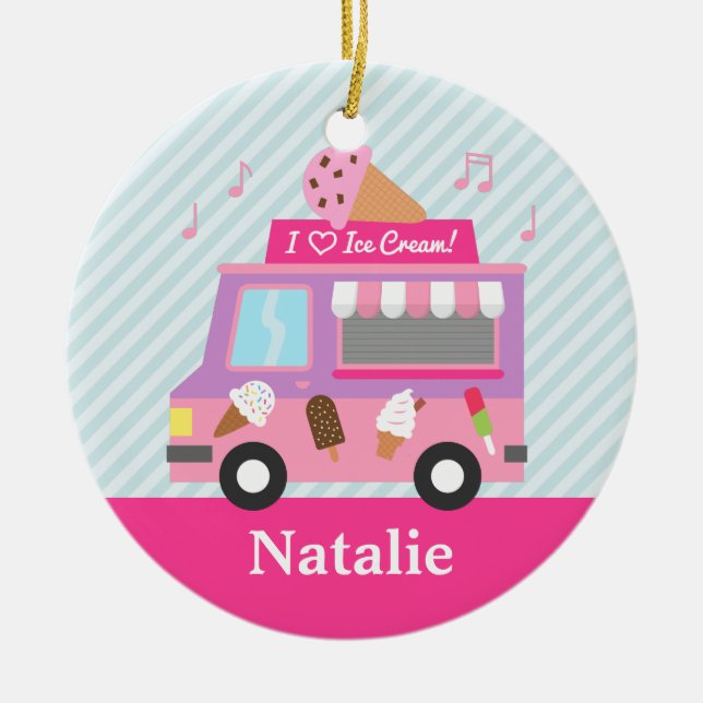 Sweet Purple Pink Ice Cream Truck Girls Room Ceramic Ornament (Front)
