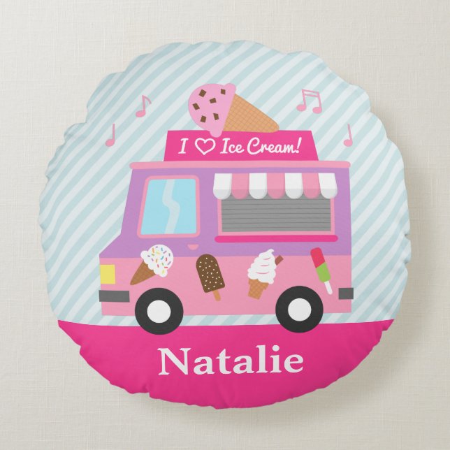 Sweet Purple Pink Ice Cream Truck Girls Room Round Pillow (Front)