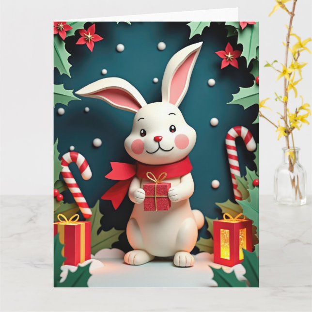 Sweet Rabbit with Gift in Winter Christmas Scene Card (Yellow Flower)