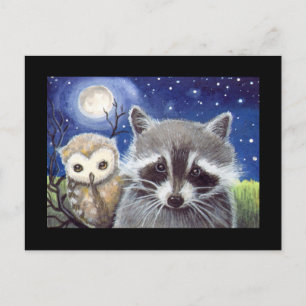 Sweet Raccoon and Owl Art Postcard
