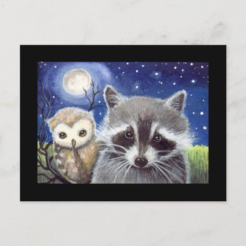 Sweet Raccoon and Owl Art Postcard