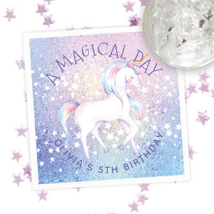 Sweet Rainbow Unicorn Glittery Birthday Party Name Napkins