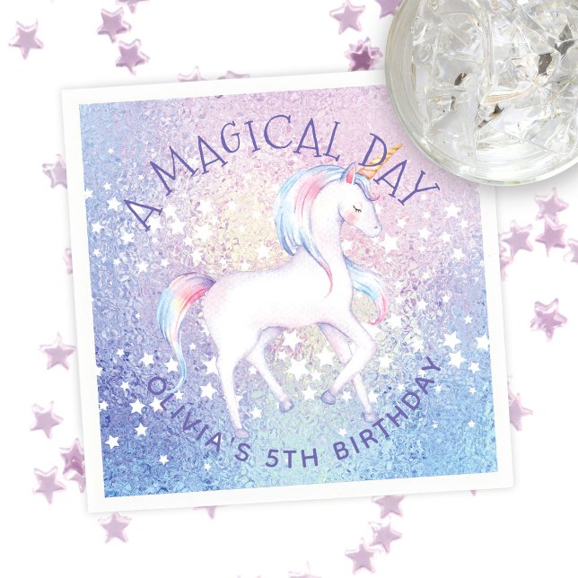 Sweet Rainbow Unicorn Glittery Birthday Party Name Napkins (Creator Uploaded)