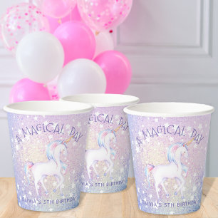Sweet Rainbow Unicorn Glittery Birthday Party Name Paper Cups