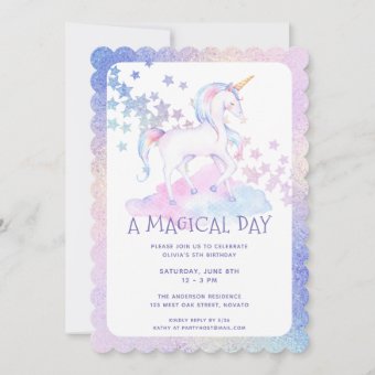 Sweet Rainbow Unicorn Glittery Girls Birthday Invitation | Zazzle