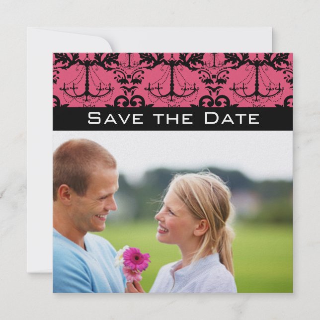 Sweet Raspberry & Black Chandelier Save the Date Invitation (Front)