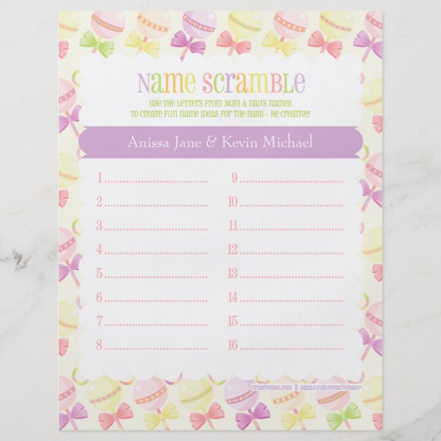 Sweet Rattles Baby Shower Bingo & Baby Name Game Flyer