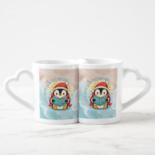 Sweet Reading Penguin Heart Handle Mug Set