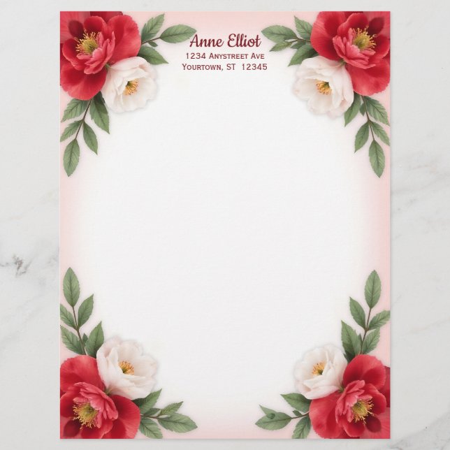 Sweet Red and White Flowers Stationery Paper (Front)
