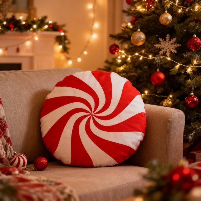 Sweet Red and White Peppermint Candy Swirl  Round Pillow (Creator Uploaded)