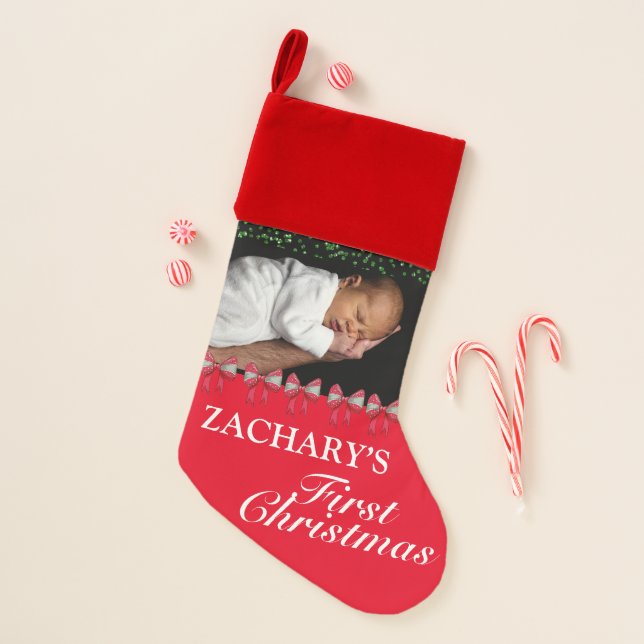 Sweet Red Baby’s First Christmas Photo Christmas Stocking (Front)