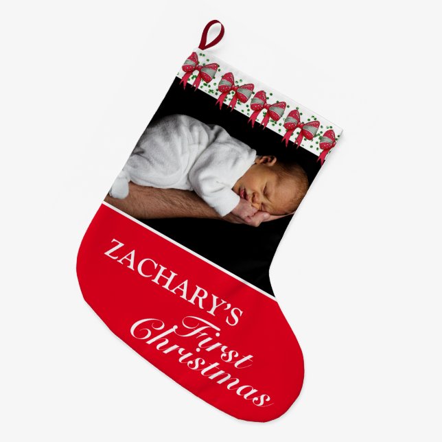Sweet Red Baby’s First Christmas Photo Large Christmas Stocking (Front (Hanging))