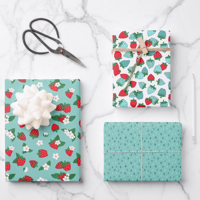 Sweet Red Blue Strawberries White Flowers Pattern Wrapping Paper Sheets (Front)