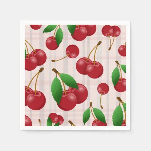 sweet red cherries on pastel plaid paper napkins