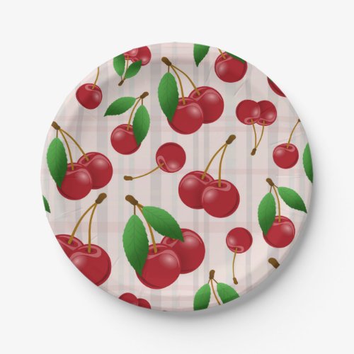 sweet red cherries on pastel plaid paper plates