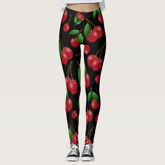 Sweet red cherries pattern on black leggings
