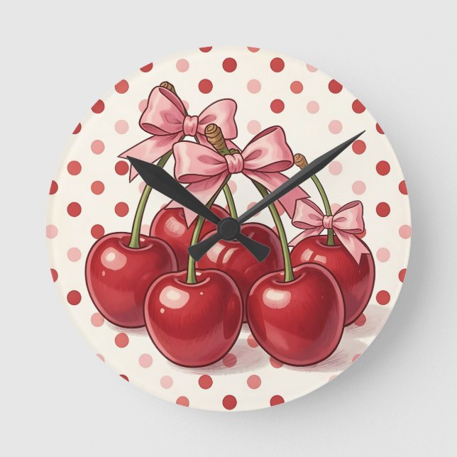 Sweet Red Cherries Pink Bows Retro Polka Dot  Round Clock (Front)