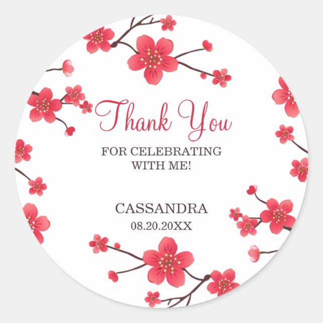 Sweet Red Cherry Blossom Sakura Floral Birthday Classic Round Sticker (Front)
