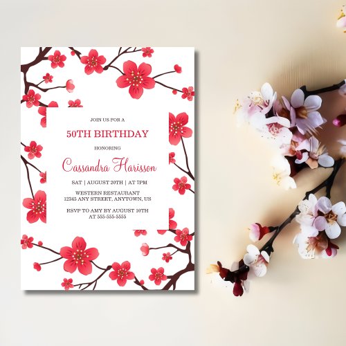 Sweet Red Cherry Blossom Sakura Floral Birthday Invitation