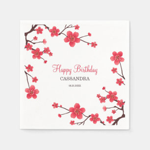 Sweet Red Cherry Blossom Sakura Floral Birthday Napkins