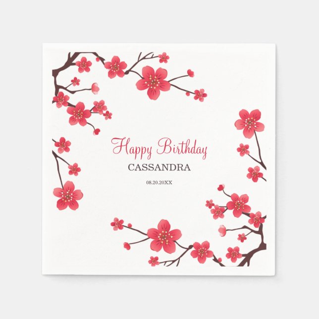 Sweet Red Cherry Blossom Sakura Floral Birthday Napkins (Front)