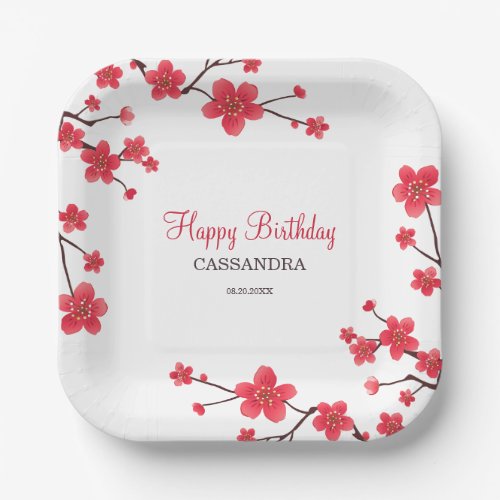 Sweet Red Cherry Blossom Sakura Floral Birthday Paper Plates