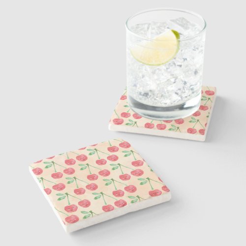 Sweet Red Cherry Delicate Pattern Stone Coaster