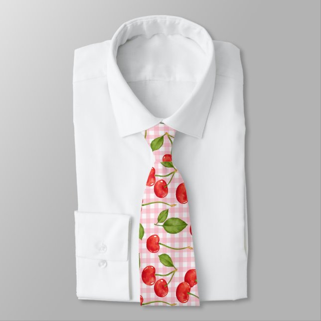 Sweet Red Cherry Pattern Neck Tie (Tied)