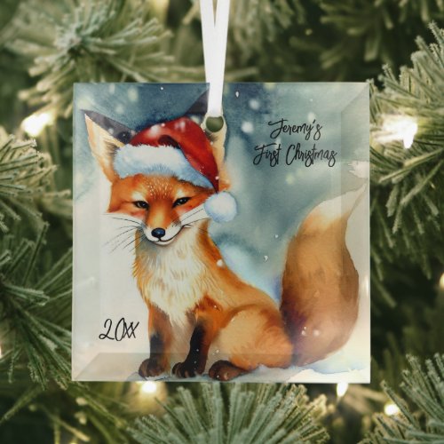 Sweet Red Fox in Snow First Christmas Glass Ornament