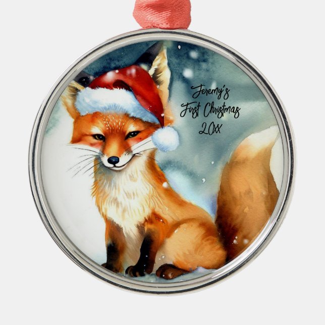 Sweet Red Fox in Snow First Christmas Metal Ornament (Front)