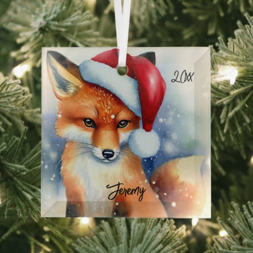 Sweet Red Fox in Snow Glass Ornament