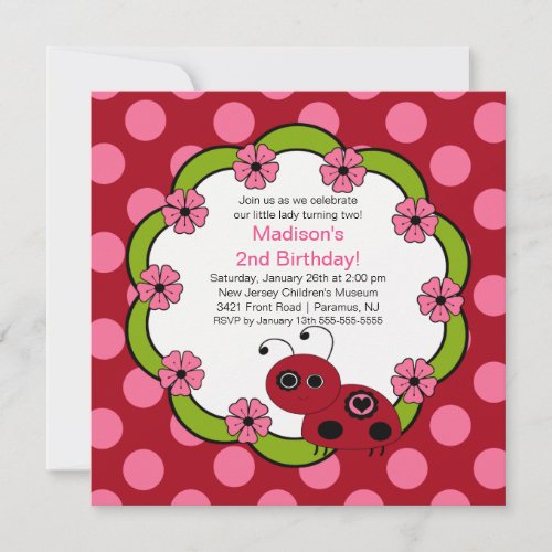 Sweet Red  Pink Ladybugs Birthday Invitation