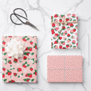 Sweet Red Pink Strawberries White Flowers Pattern Wrapping Paper Sheets