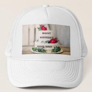 Sweet Red Rose Cake with Happy Birthday Name Here Trucker Hat