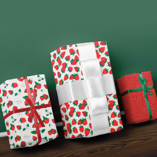 Sweet Red Strawberries & White Flowers Pattern Wrapping Paper Sheets
