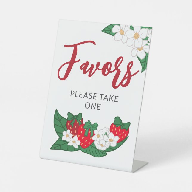 Sweet Red Strawberry Bows Favors Pedestal Sign (Front)