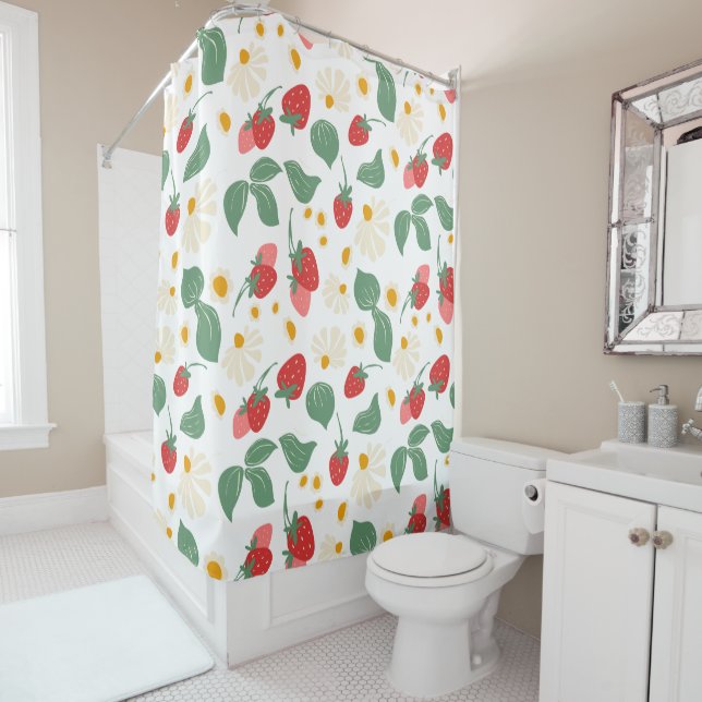 Sweet Red Strawberry & Green Leaves Pattern Shower Curtain (In Situ)