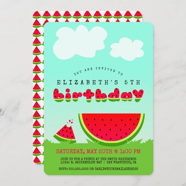 Sweet Red Watermelon Kids Summertime Birthday Invitation (Front/Back)