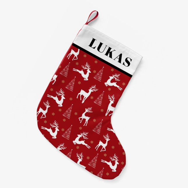 Sweet Red White Reindeer Woodland Trees Christmas Small Christmas Stocking (Front (Hanging))