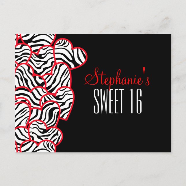 Sweet red zebra hearts Sweet 16 Birthday Postcard (Front)