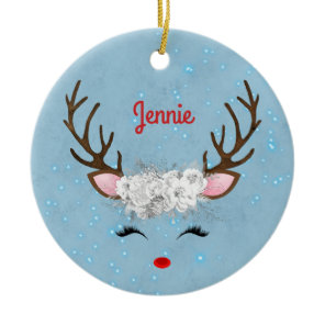 Sweet Reindeer Eyelashes and Antlers with Flowers Ceramic Ornament