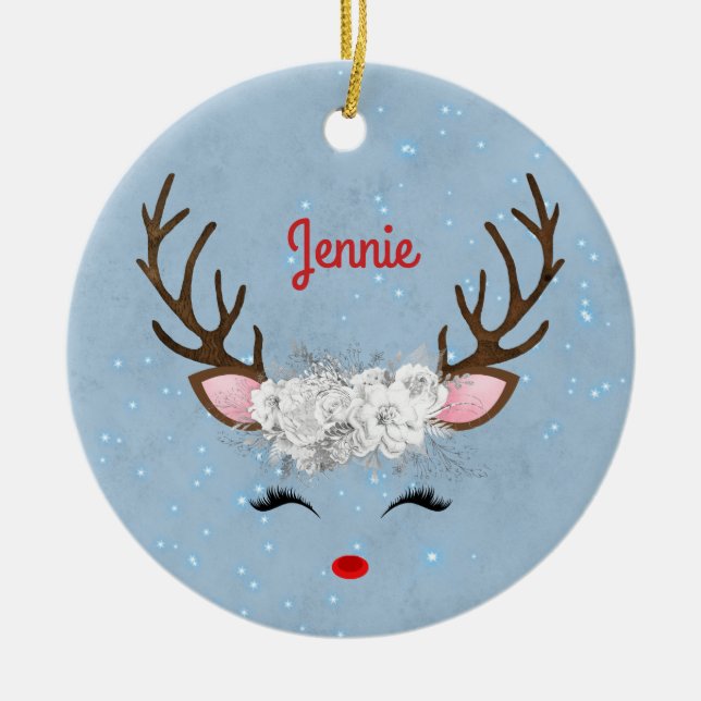 Sweet Reindeer Eyelashes and Antlers with Flowers Ceramic Ornament (Front)