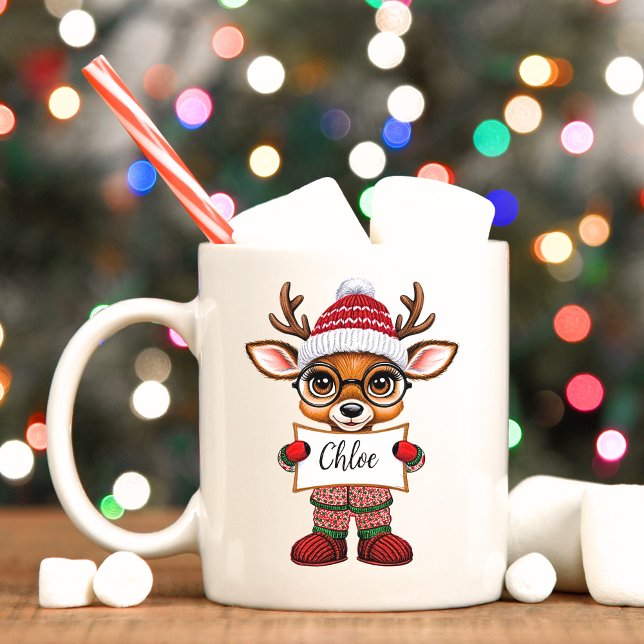 Sweet Reindeer in Christmas Pajamas Cocoa Mug (Cute reindeer Christmas mug with custom name sign. )