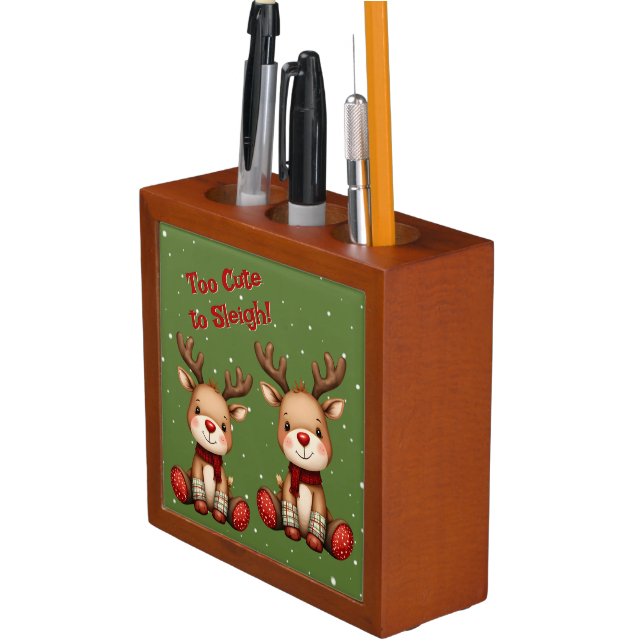 Sweet Reindeer Pair in Holiday Snowfall Desk Organizer (In Situ)