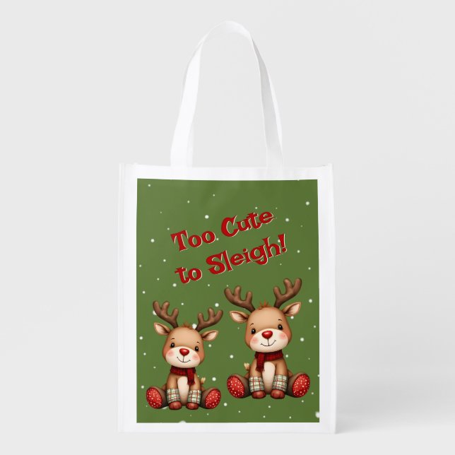 Sweet Reindeer Pair in Holiday Snowfall Grocery Bag (Front)